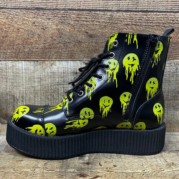 NEW T.U.K Happy Trip Smiley 7 Eye Viva Mondo Creeper Combat Boots Black Size 10 - Picture 5 of 9